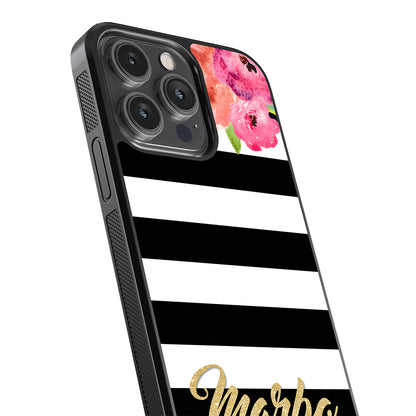 Black & White Bars - Flowers and Gold Personalized | Apple iPhone Case