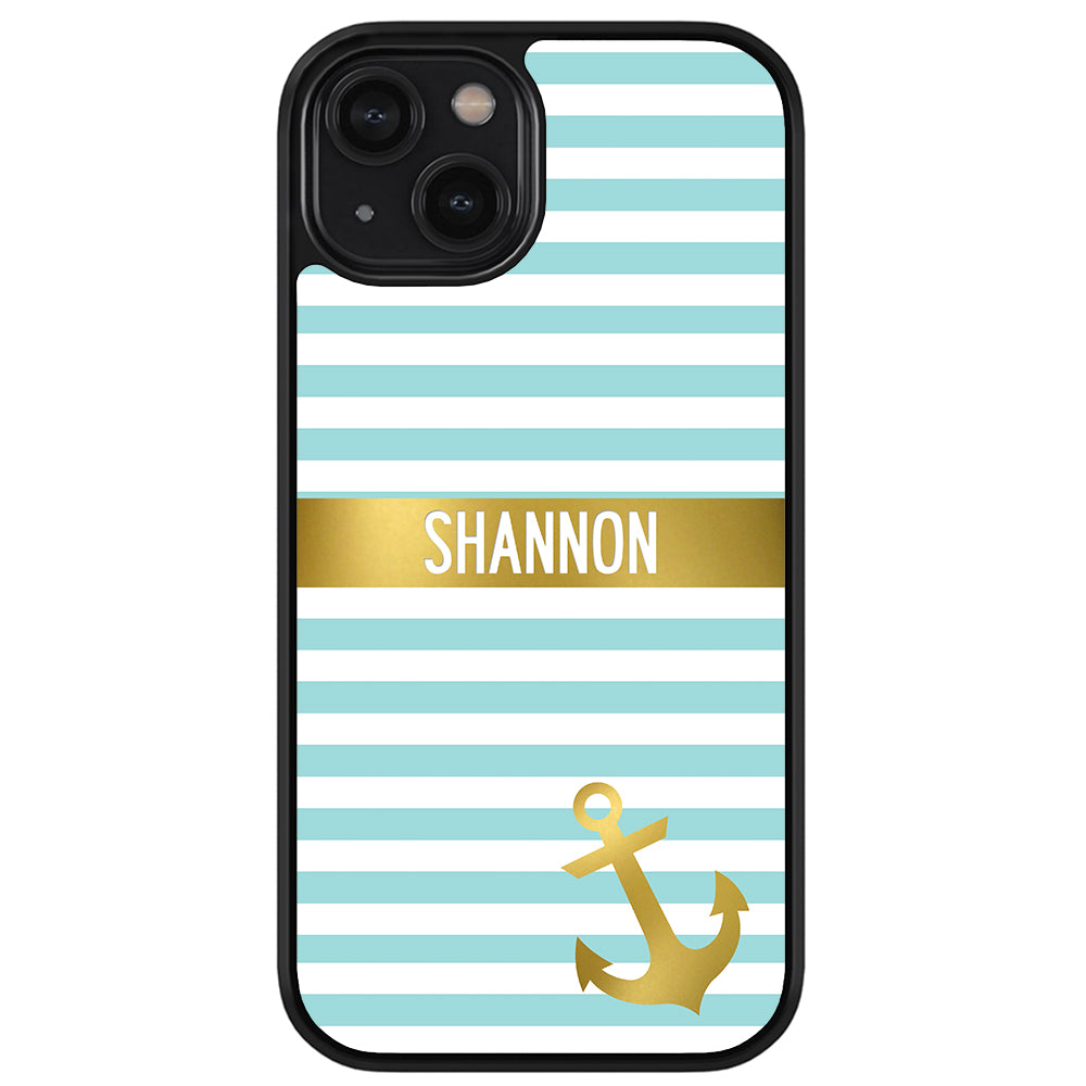 Teal White Bars Anchor Personalized Apple iPhone Case