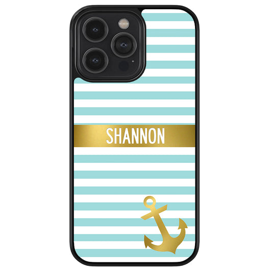 Teal White Bars Anchor Personalized Apple iPhone Case
