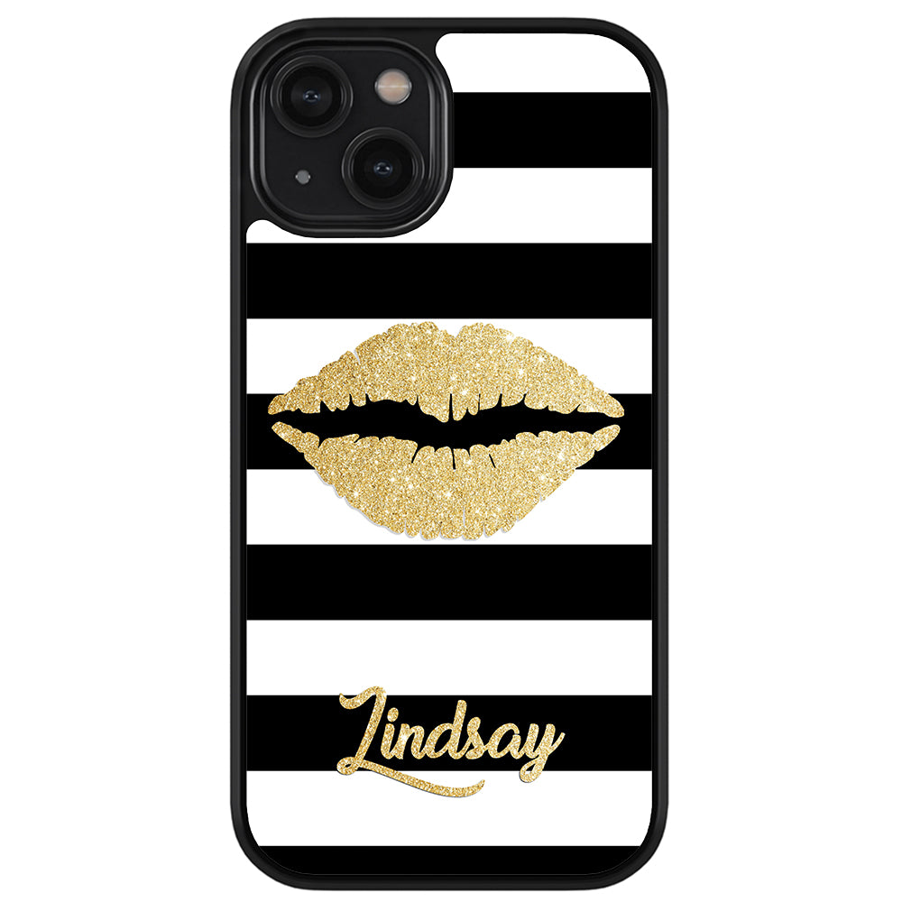 Black White Bars Gold Lips Personalized Apple iPhone Case