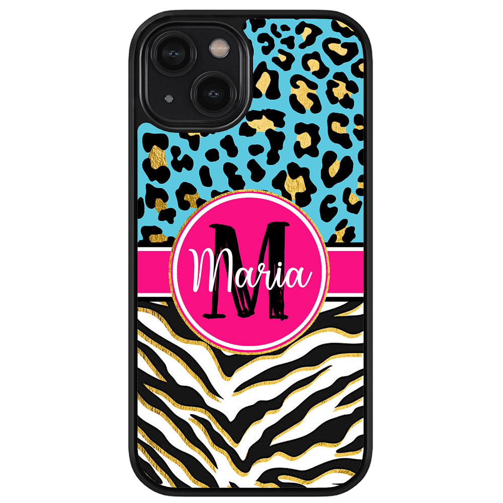 Blue Gold Foil Leopard and Zebra Skin Personalized Apple iPhone Case
