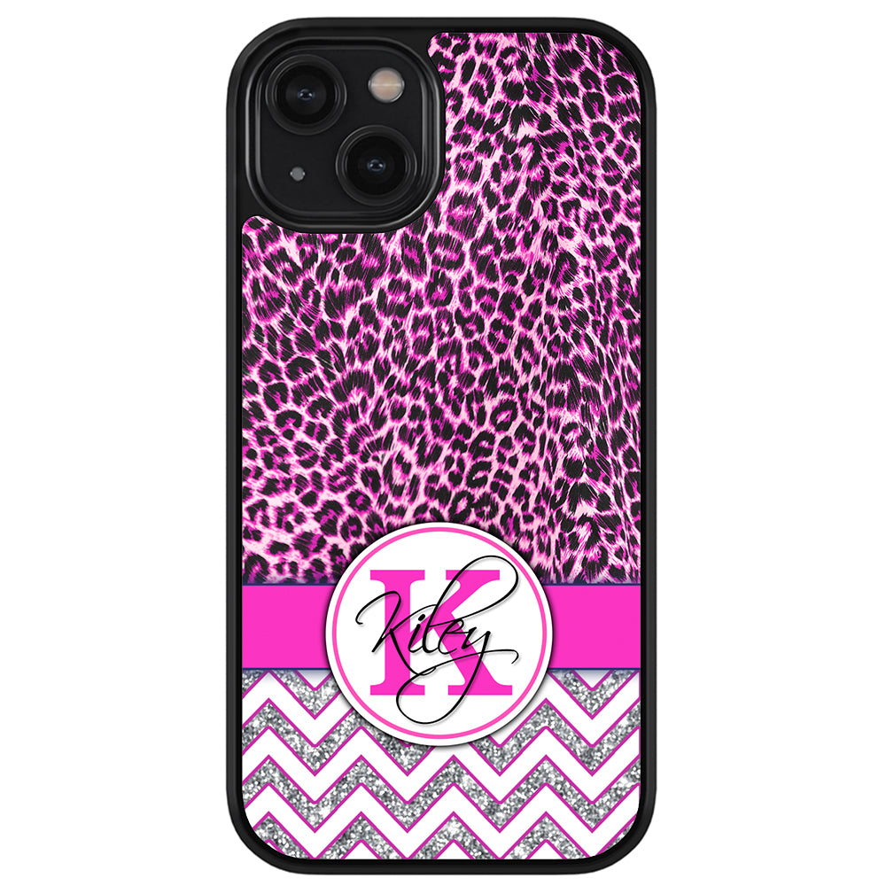 Pink Leopard Silver Glitter Personalized Apple iPhone Case