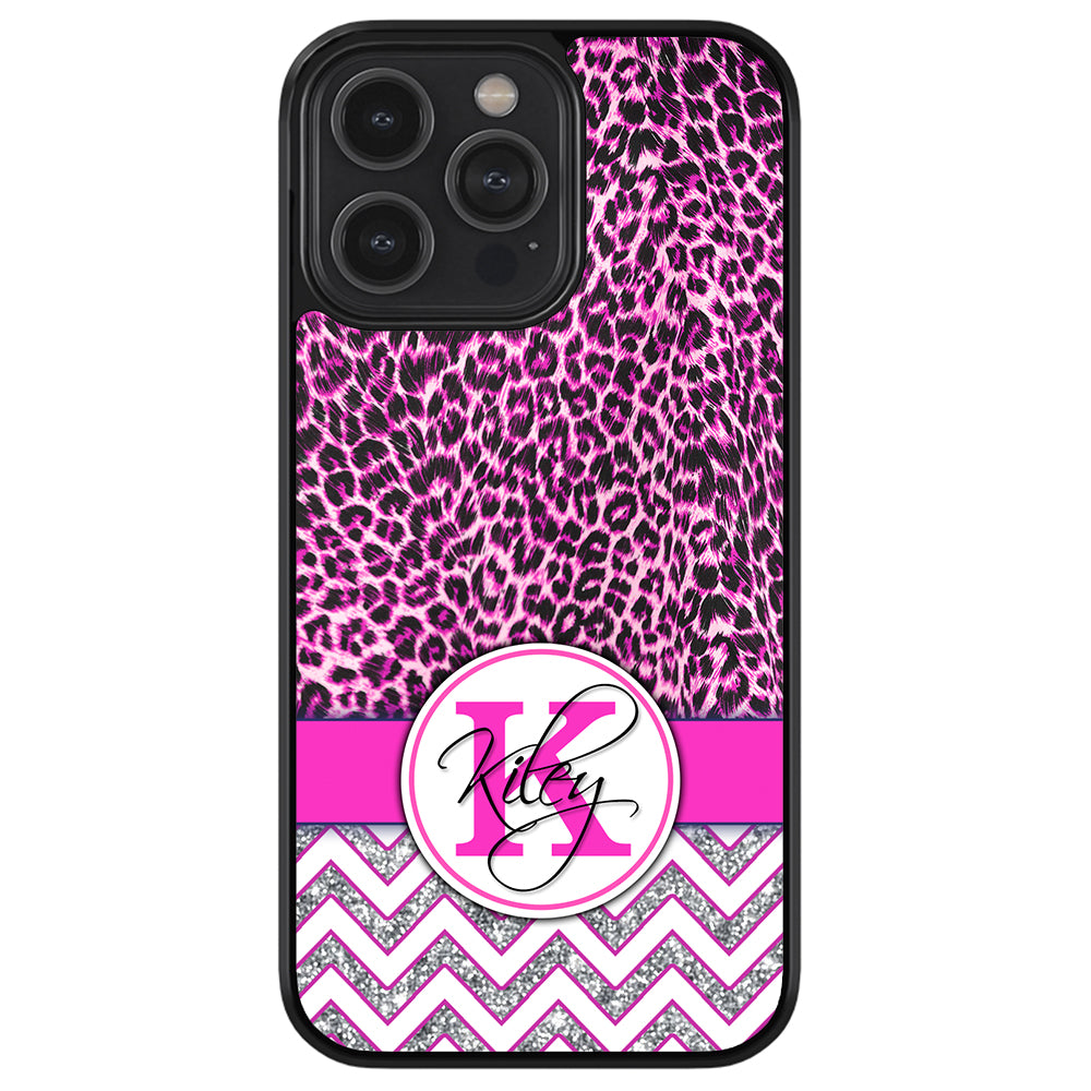 Pink Leopard Silver Glitter Personalized Apple iPhone Case