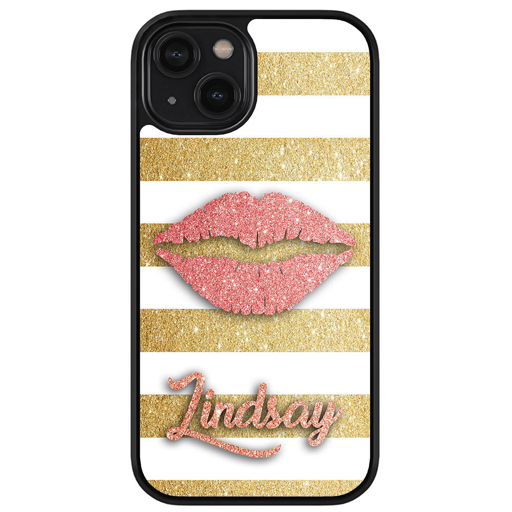 Red Glitter Lips Gold Bars Personalized Apple iPhone Case
