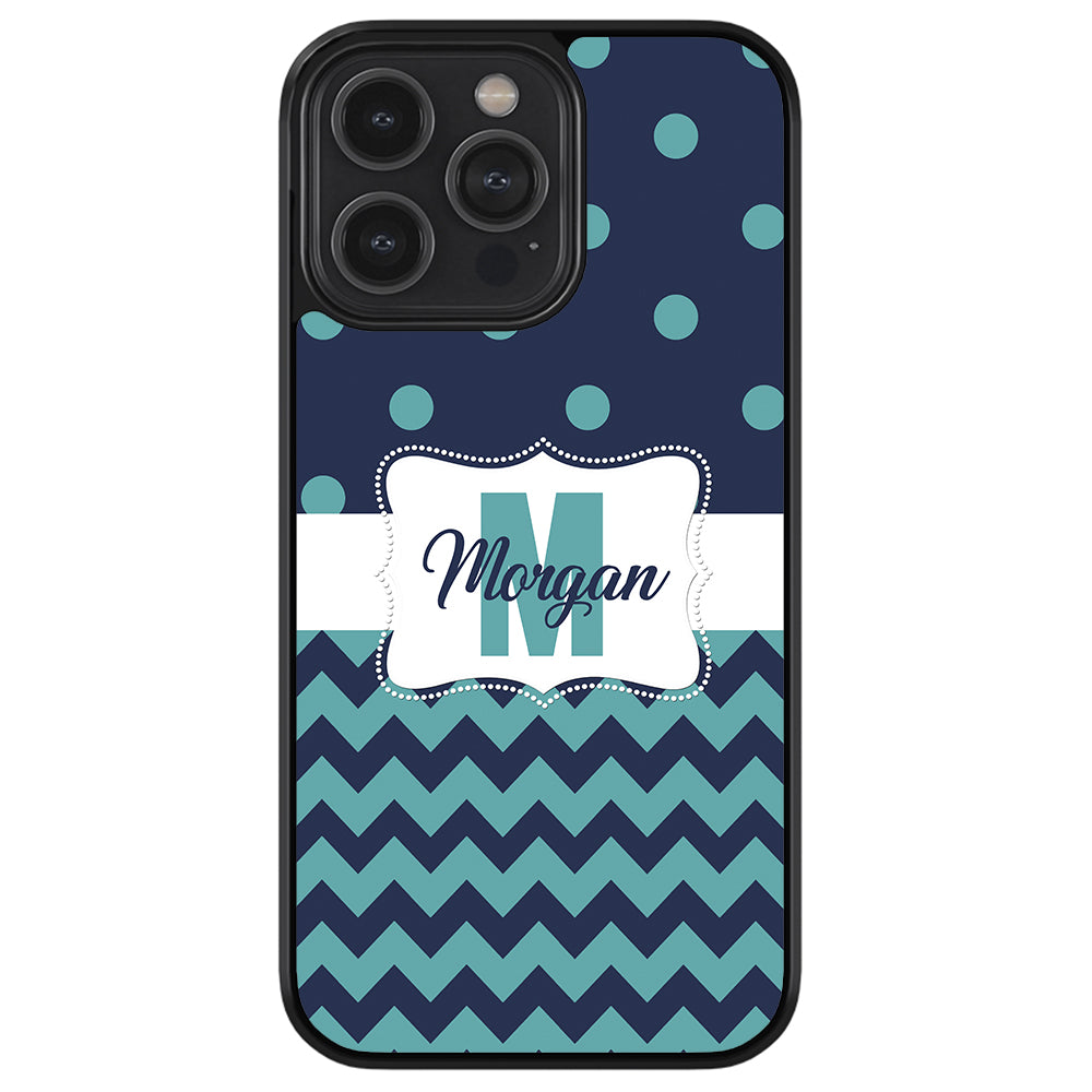 Teal Dark Blue Polka Dot Chevron Personalized Apple iPhone Case