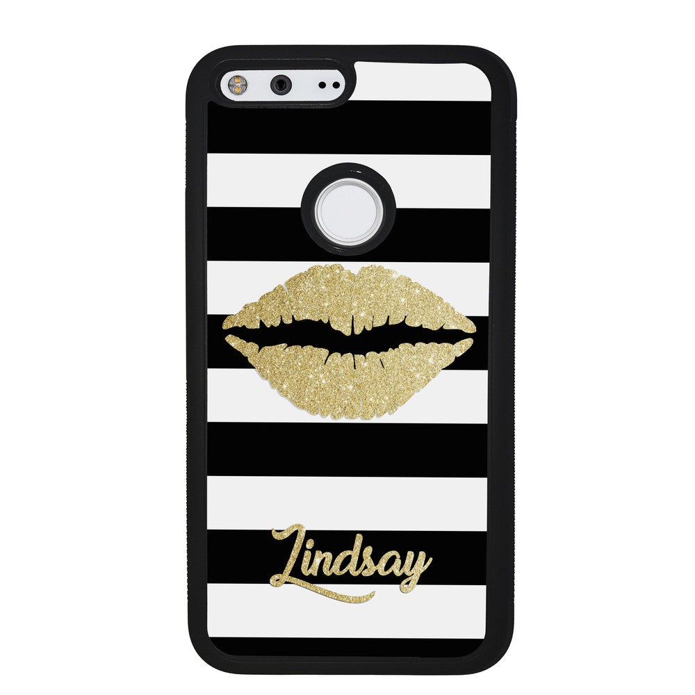 Black White Bars Gold Lips Personalized | Google Phone Case