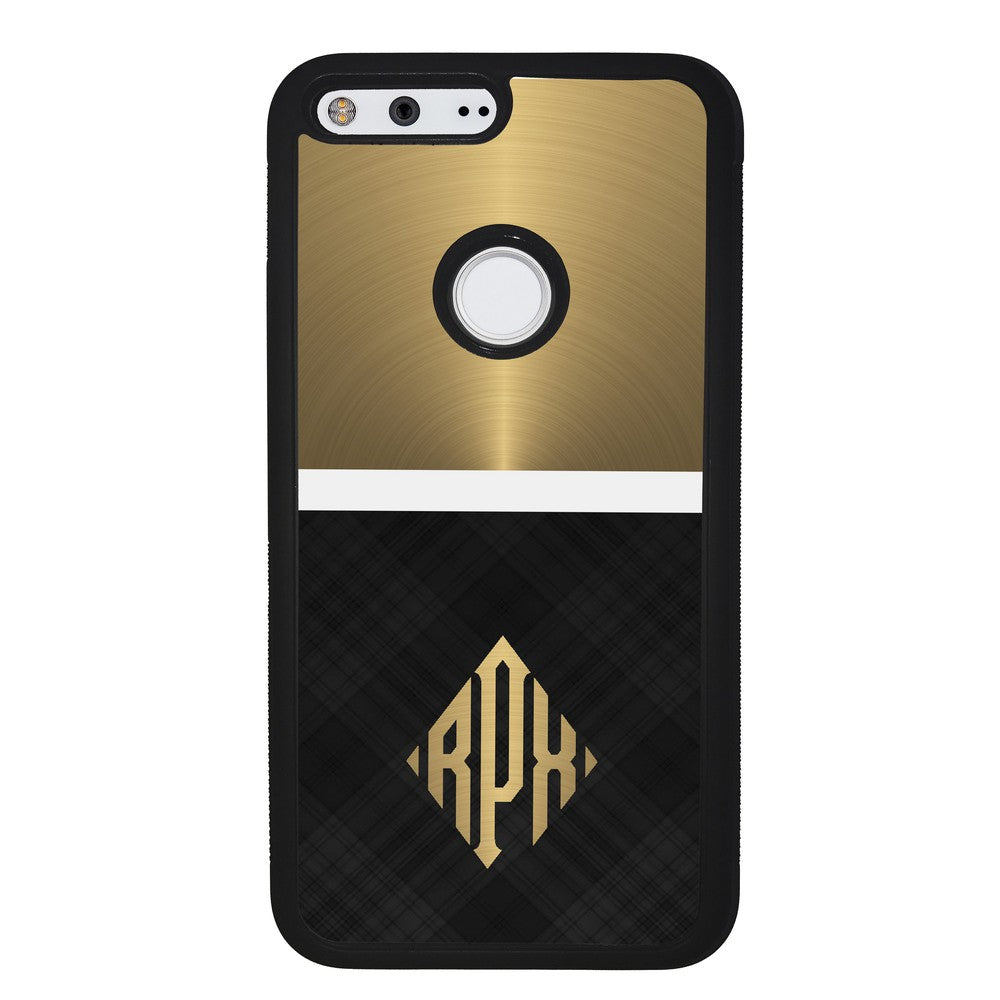 Gold and Black Plaid - Triangle Monogram | Google Phone Case