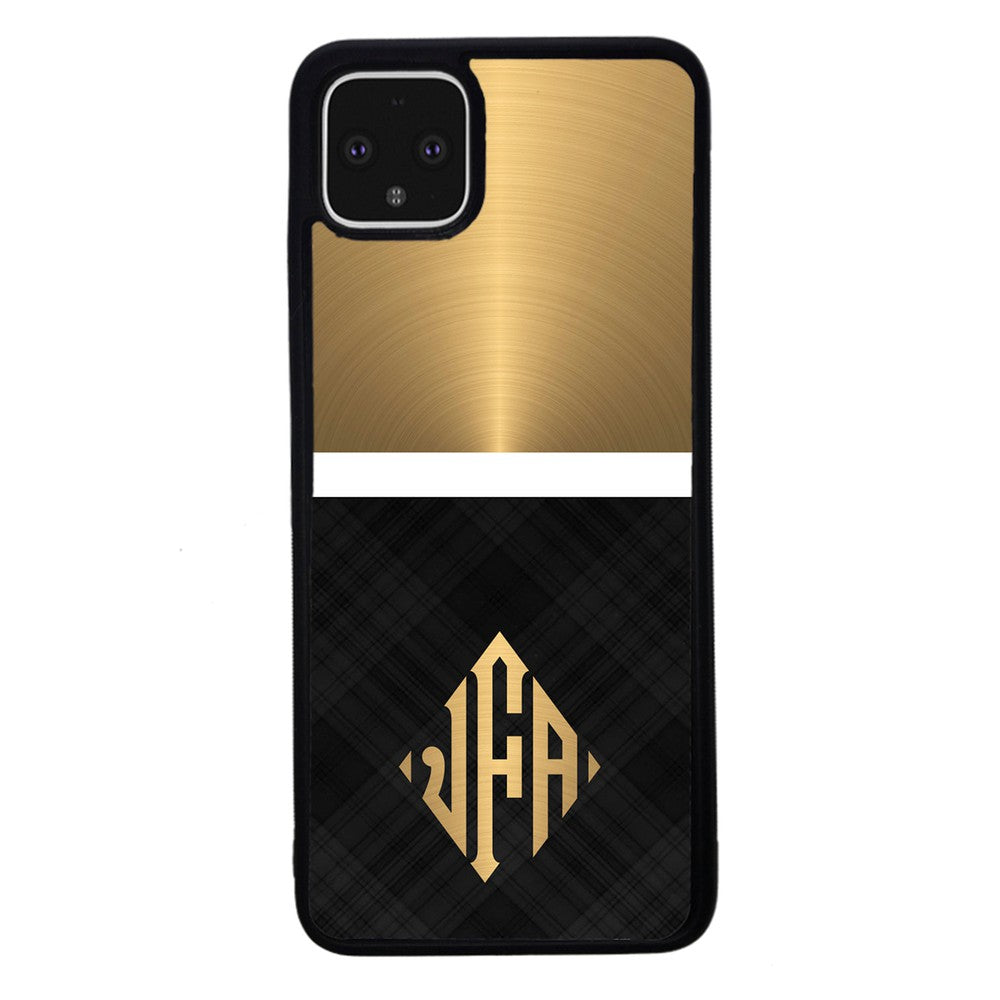 Gold and Black Plaid - Triangle Monogram | Google Phone Case