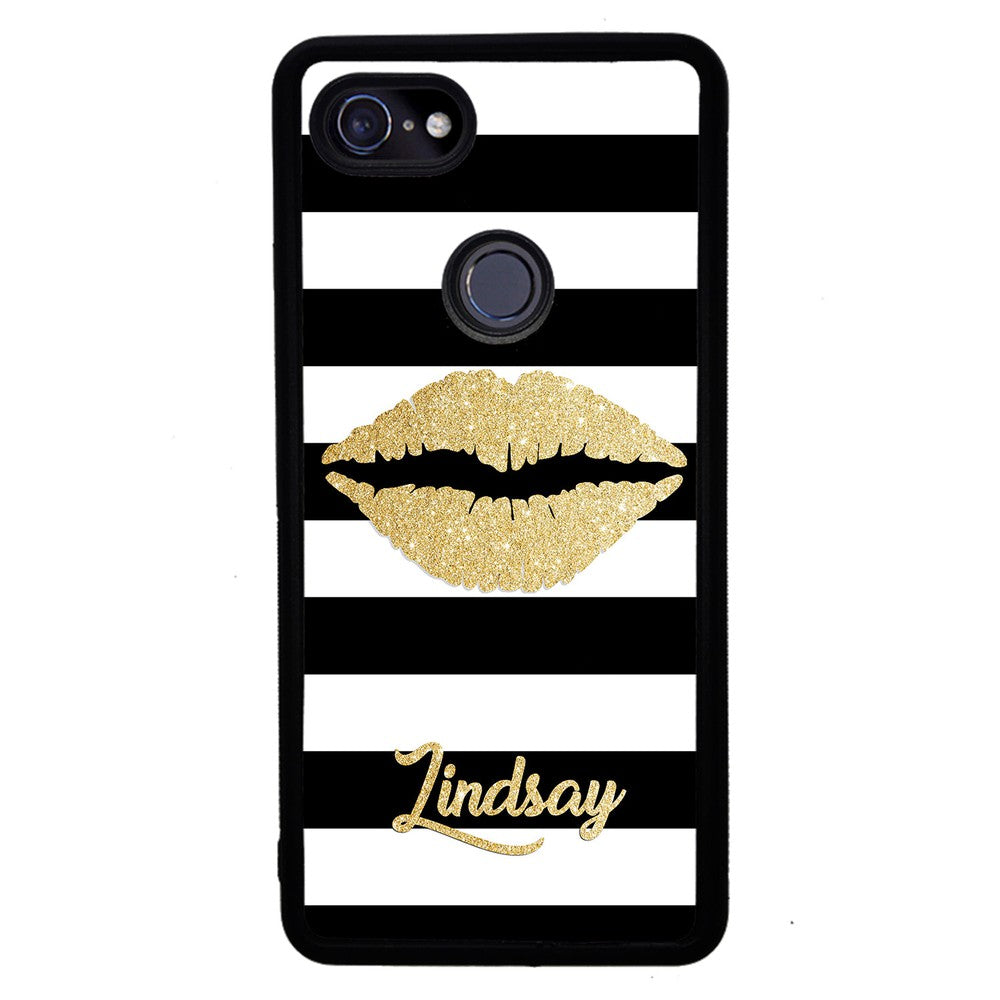 Black White Bars Gold Lips Personalized | Google Phone Case