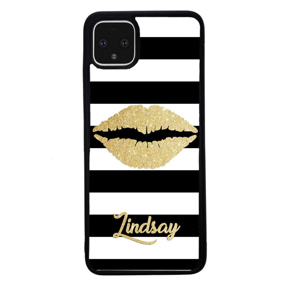 Black White Bars Gold Lips Personalized | Google Phone Case