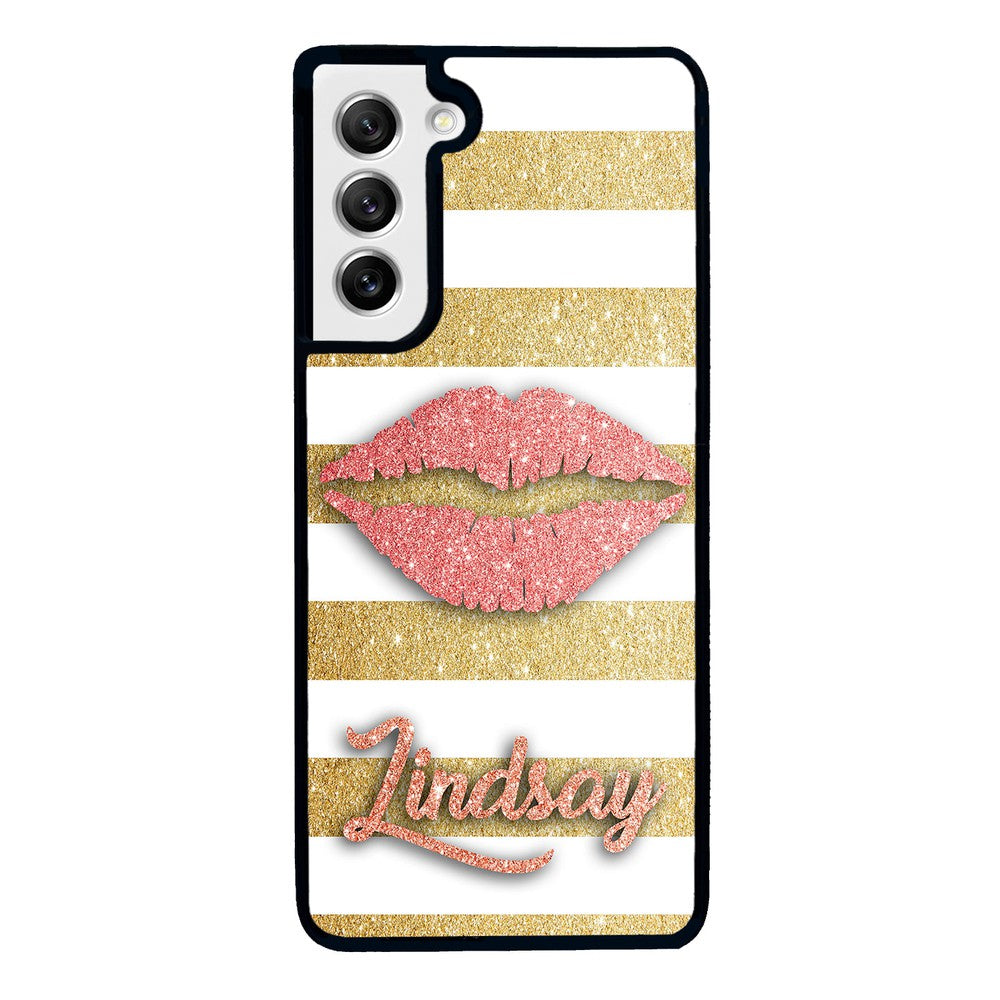 Red Glitter Lips Gold Bars Personalized | Samsung Phone Case