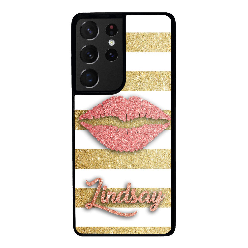 Red Glitter Lips Gold Bars Personalized | Samsung Phone Case