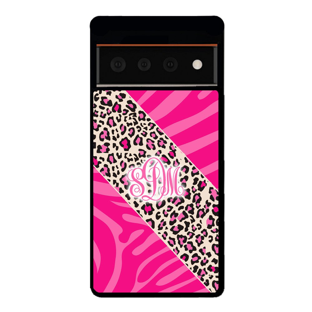 Pink Leopard and Zebra Animal Skin Monogram | Google Phone Case