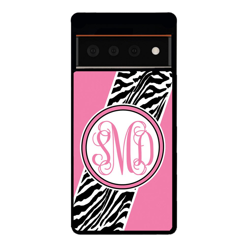 Zebra Animal Skin Pink Script Monogram | Google Phone Case
