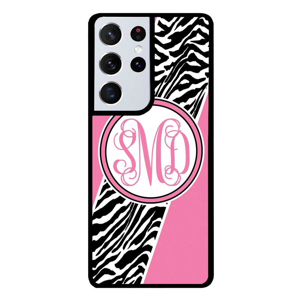 Zebra Animal Skin Pink Script Monogram | Samsung Phone Case