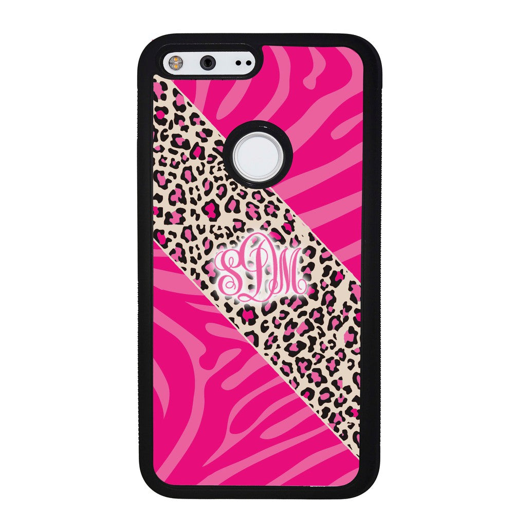 Pink Leopard and Zebra Animal Skin Monogram | Google Phone Case