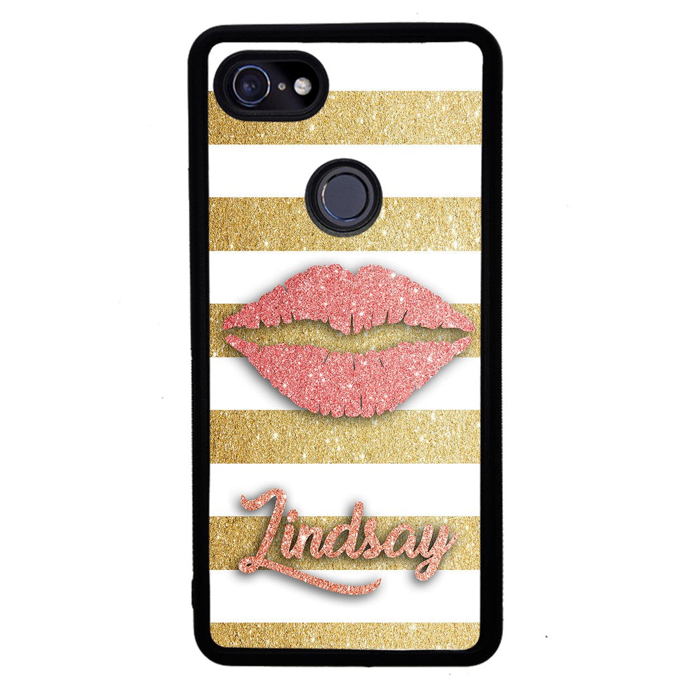 Red Glitter Lips Gold Bars Personalized | Google Phone Case