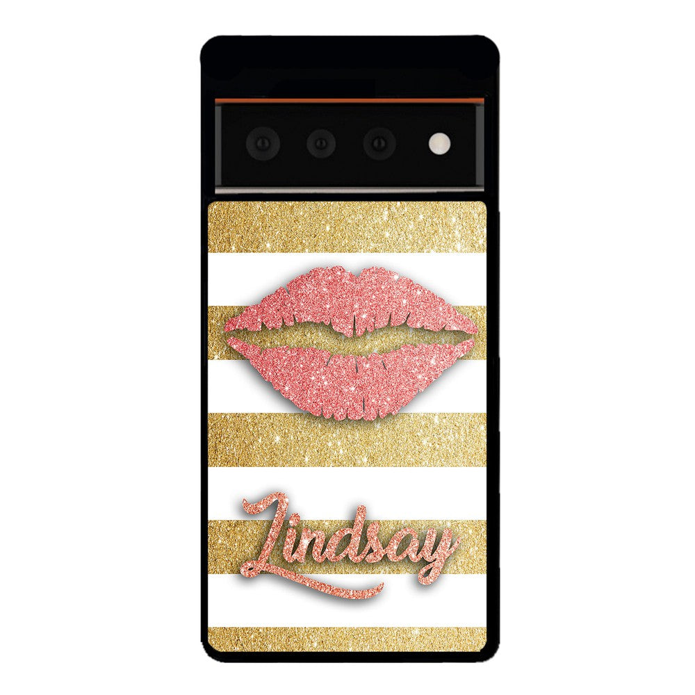 Red Glitter Lips Gold Bars Personalized | Google Phone Case