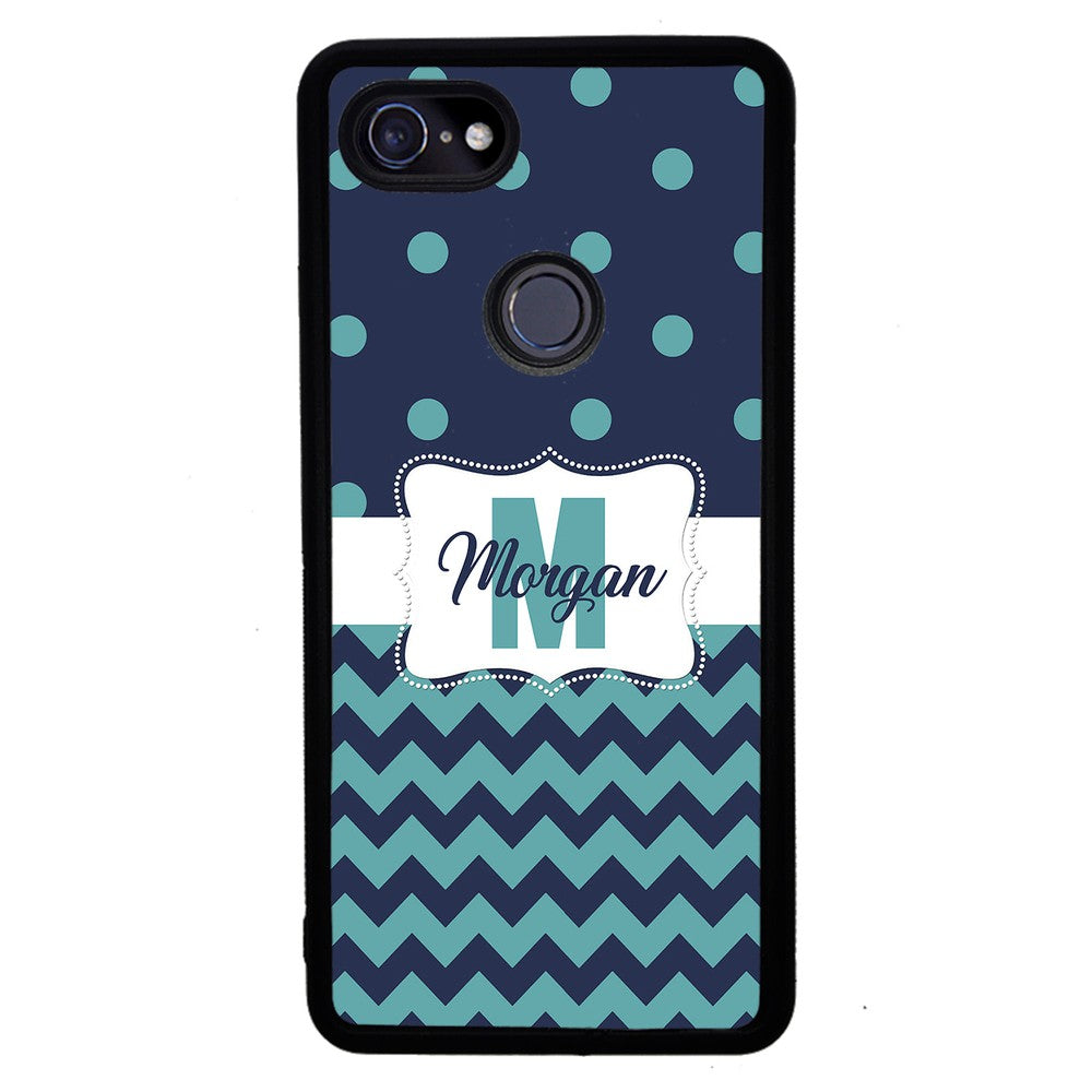 Teal Dark Blue Polka Dot Chevron Personalized | Google Phone Case