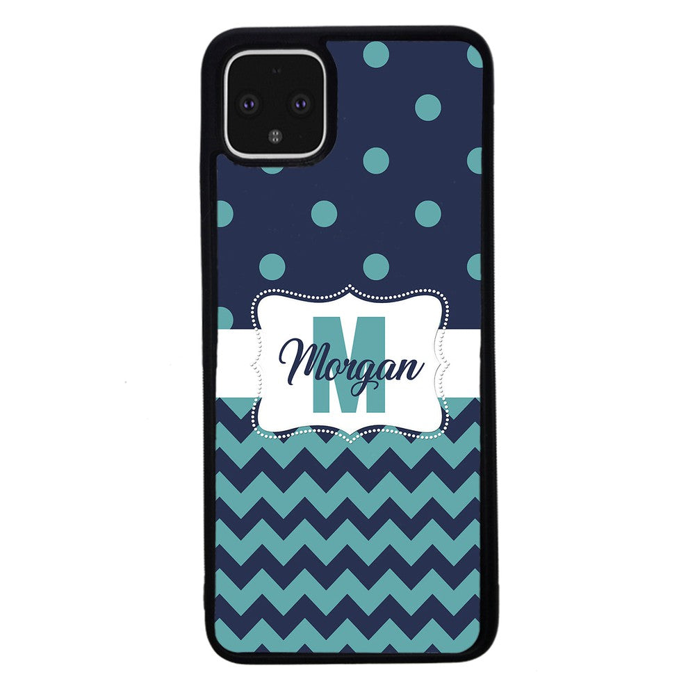 Teal Dark Blue Polka Dot Chevron Personalized | Google Phone Case