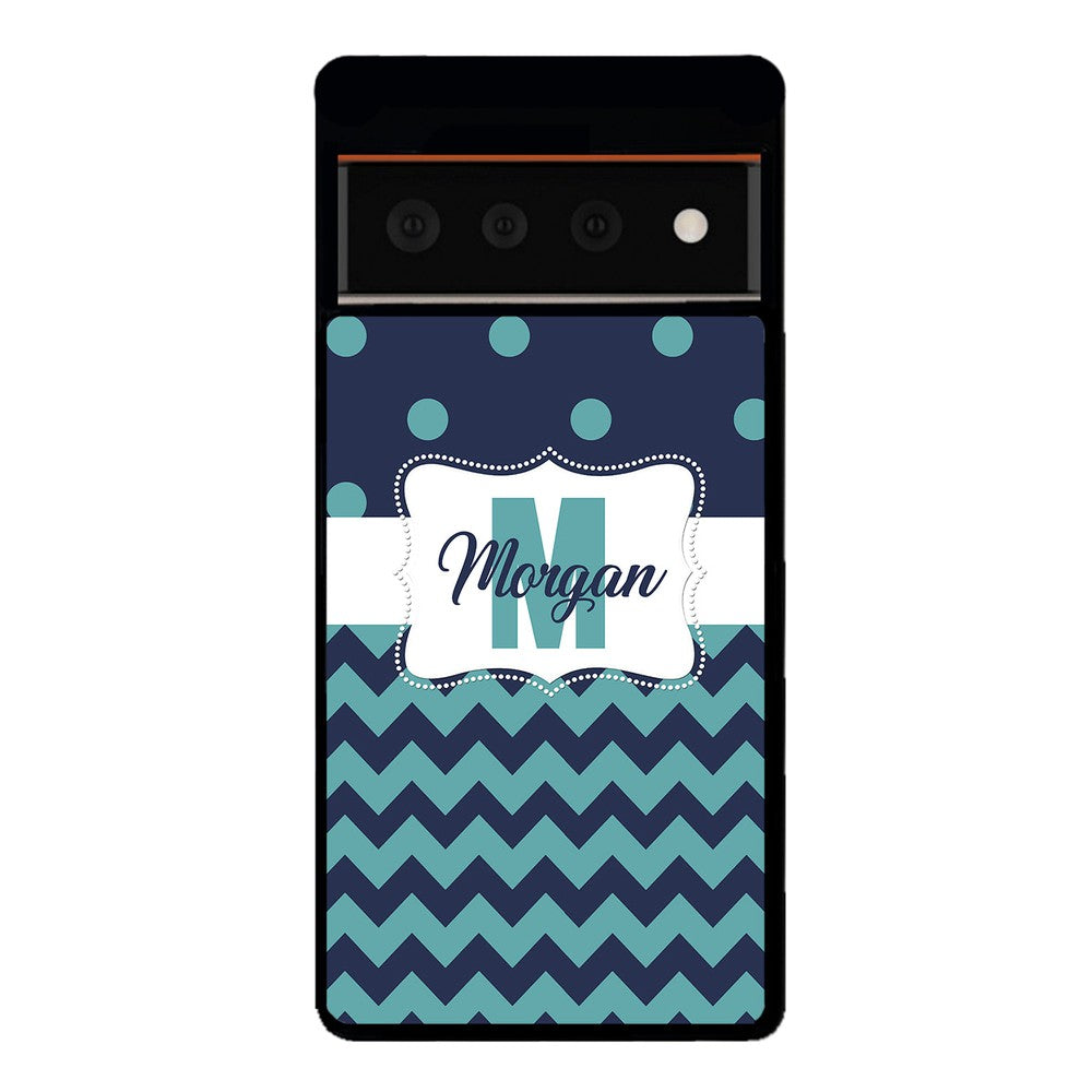 Teal Dark Blue Polka Dot Chevron Personalized | Google Phone Case