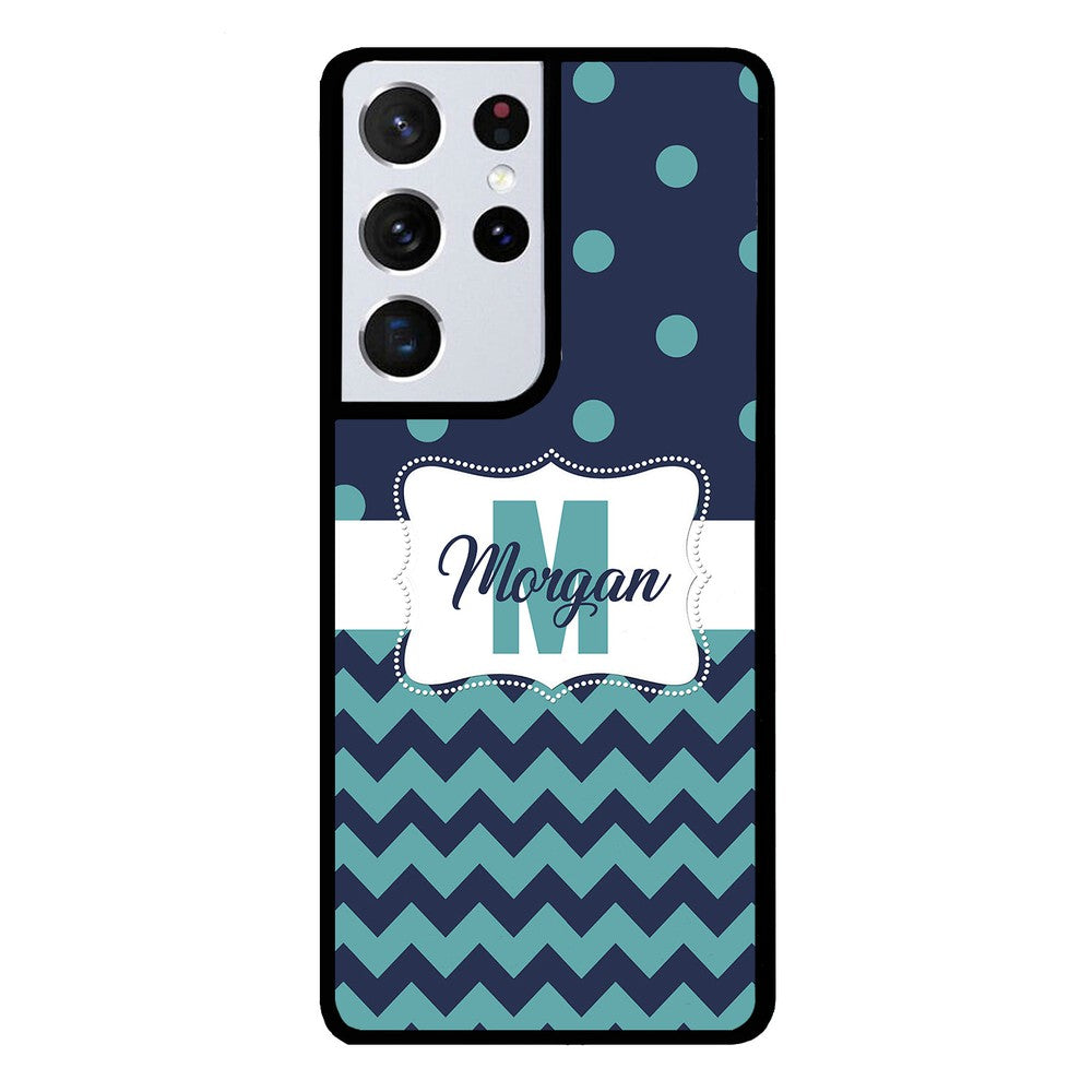 Teal Dark Blue Polka Dot Chevron Personalized | Samsung Phone Case