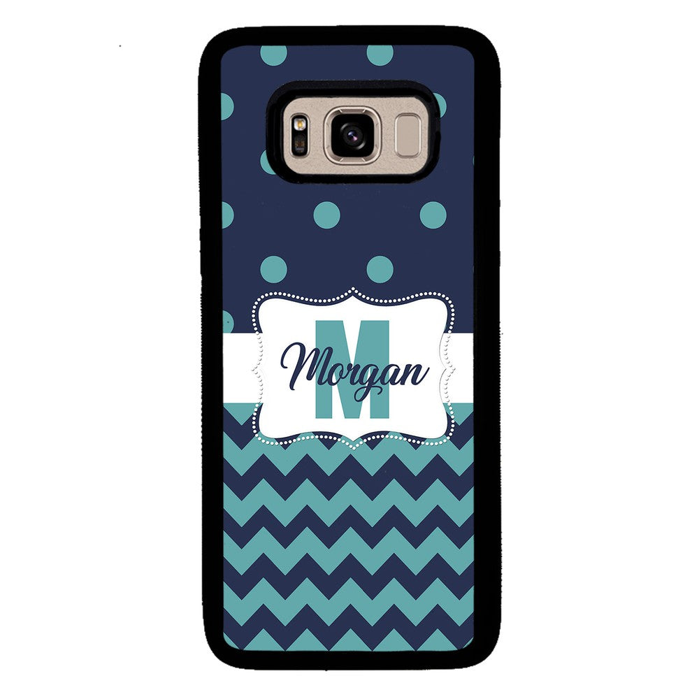 Teal Dark Blue Polka Dot Chevron Personalized | Samsung Phone Case