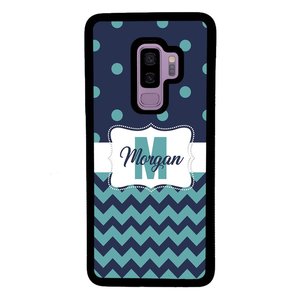 Teal Dark Blue Polka Dot Chevron Personalized | Samsung Phone Case