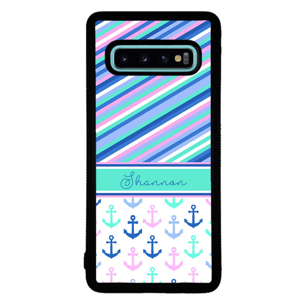Nautical Pinstripes Anchors Personalized | Samsung Phone Case