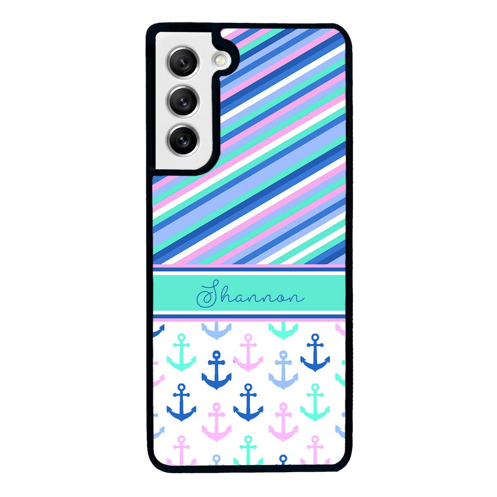 Nautical Pinstripes Anchors Personalized | Samsung Phone Case