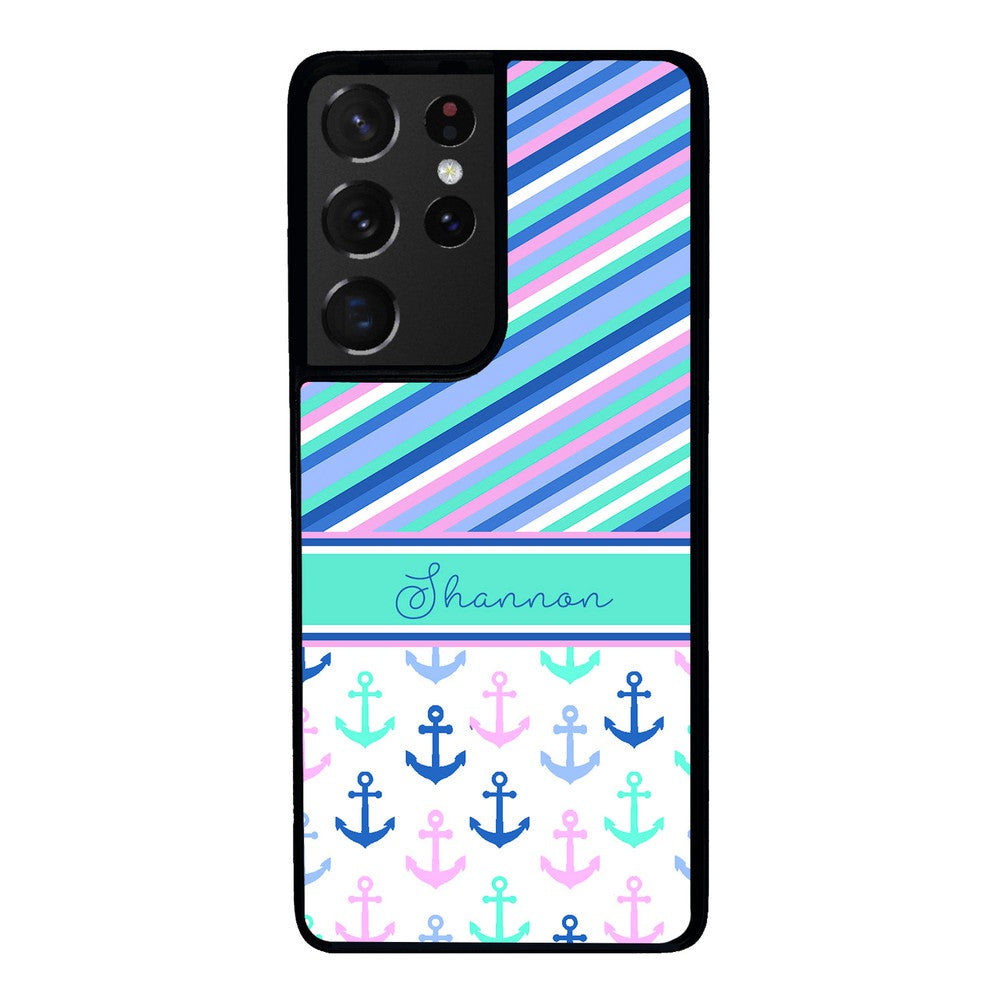 Nautical Pinstripes Anchors Personalized | Samsung Phone Case