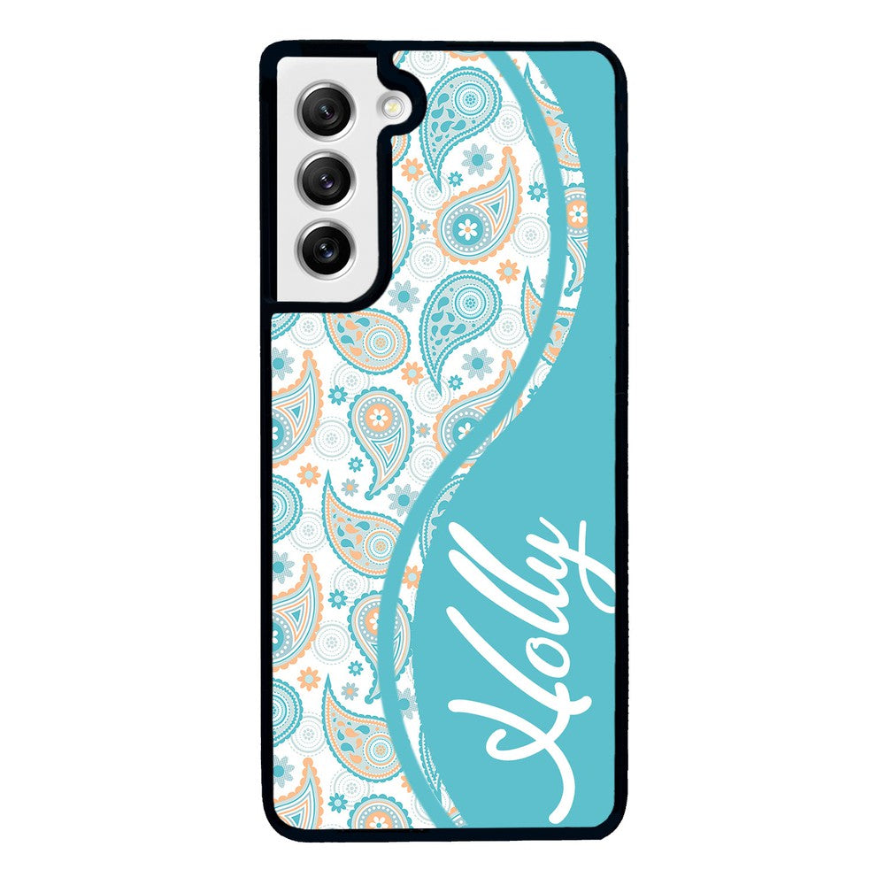 Teal Blue and Orange Paisley Personalized | Samsung Phone Case
