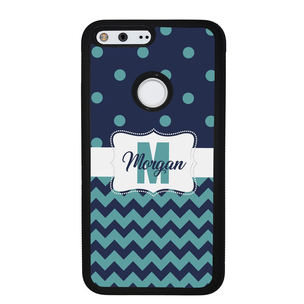 Teal Dark Blue Polka Dot Chevron Personalized | Google Phone Case