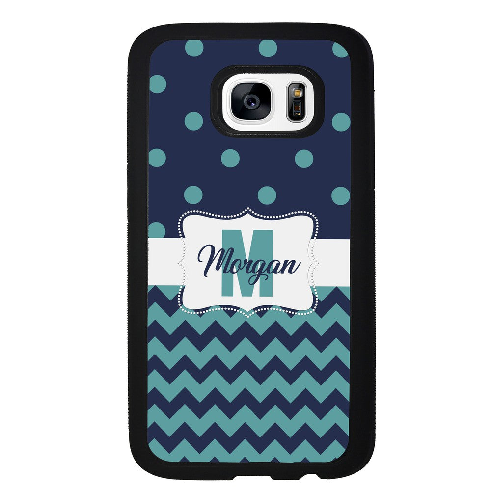 Teal Dark Blue Polka Dot Chevron Personalized | Samsung Phone Case