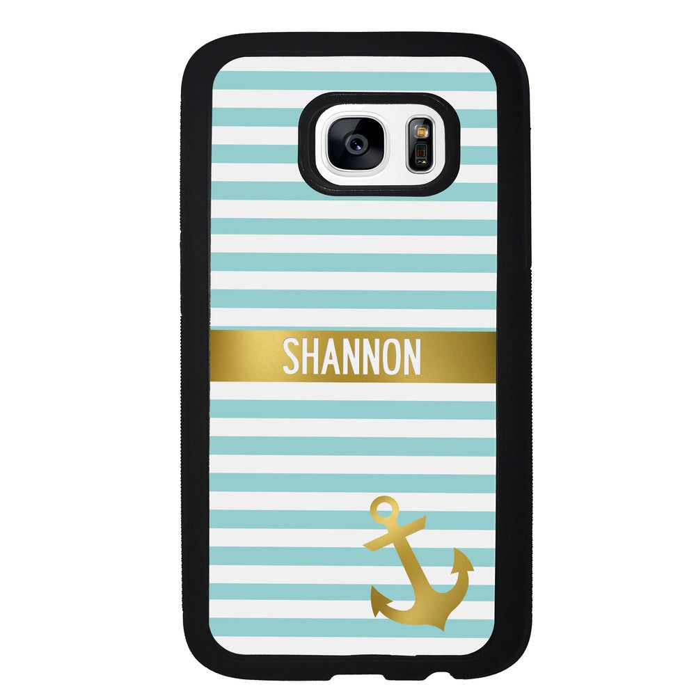 Teal White Bars Anchor Personalized | Samsung Phone Case