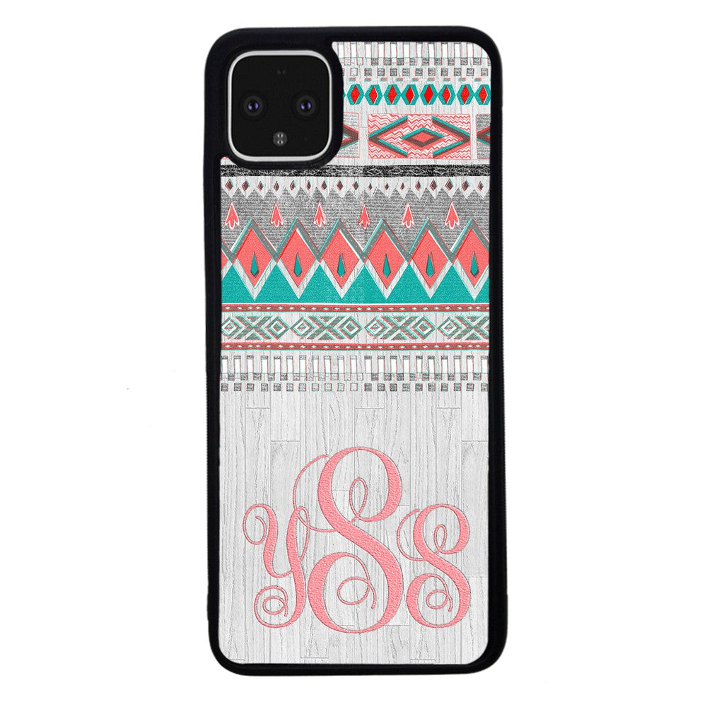 Pink and Green Tribal Wood Monogram | Google Phone Case