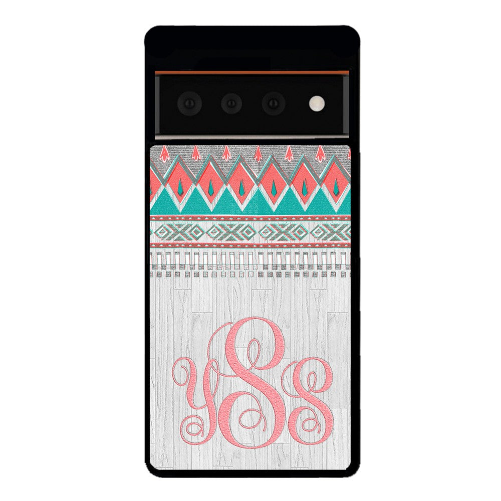 Pink and Green Tribal Wood Monogram | Google Phone Case