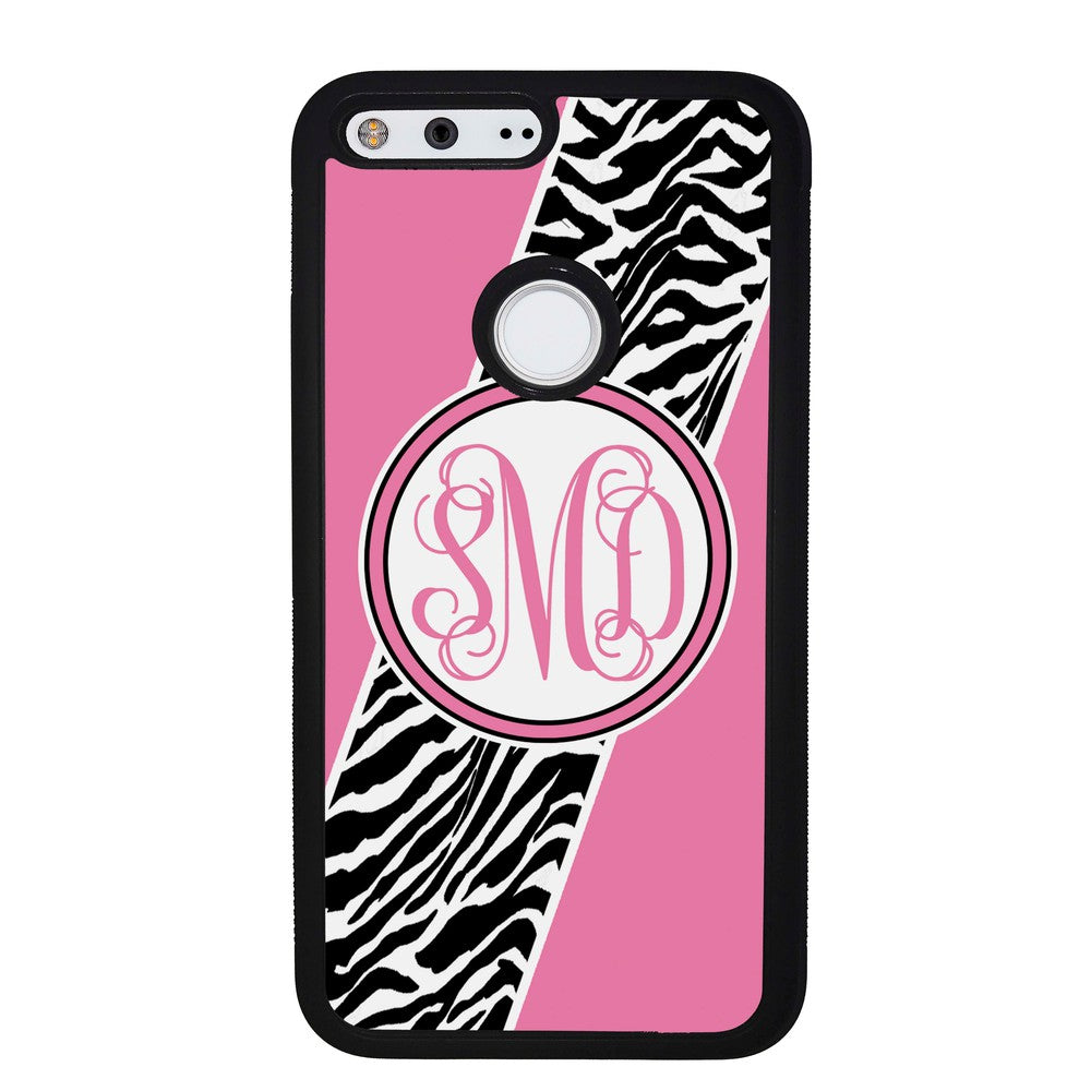 Zebra Animal Skin Pink Script Monogram | Google Phone Case