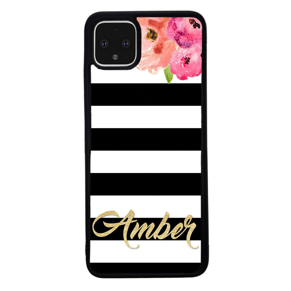 Black & White Bars - Flowers and Gold Personalized | Google Phone Case