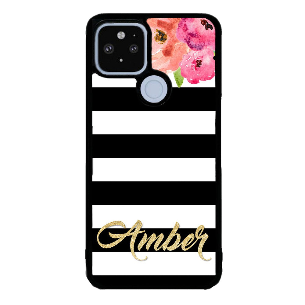 Black & White Bars - Flowers and Gold Personalized | Google Phone Case