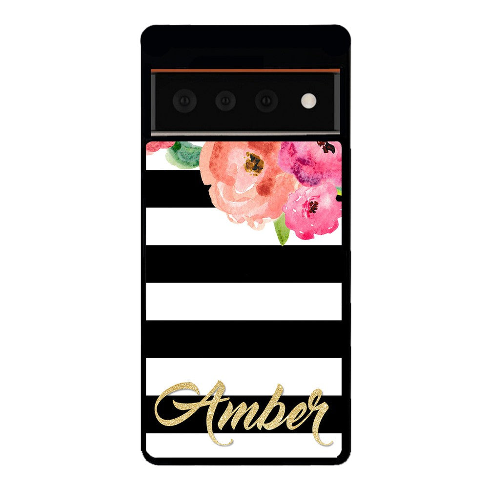 Black & White Bars - Flowers and Gold Personalized | Google Phone Case