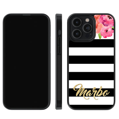 Black & White Bars - Flowers and Gold Personalized | Apple iPhone Case