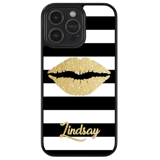 Black White Bars Gold Lips Personalized | Apple iPhone Case