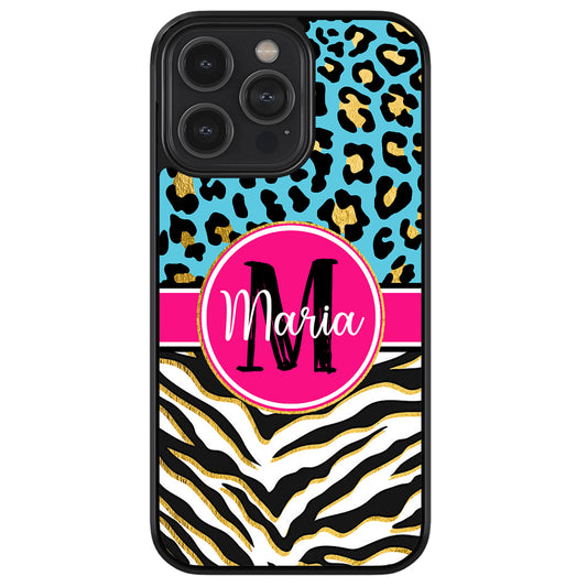 Blue Gold Foil Leopard and Zebra Skin Personalized Apple iPhone Case