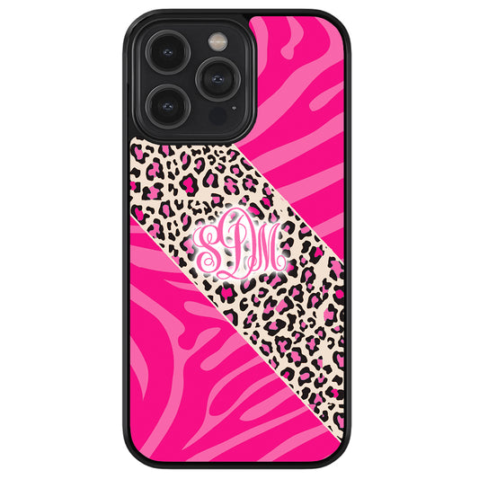 Pink Leopard and Zebra Animal Skin Monogram Apple iPhone Case