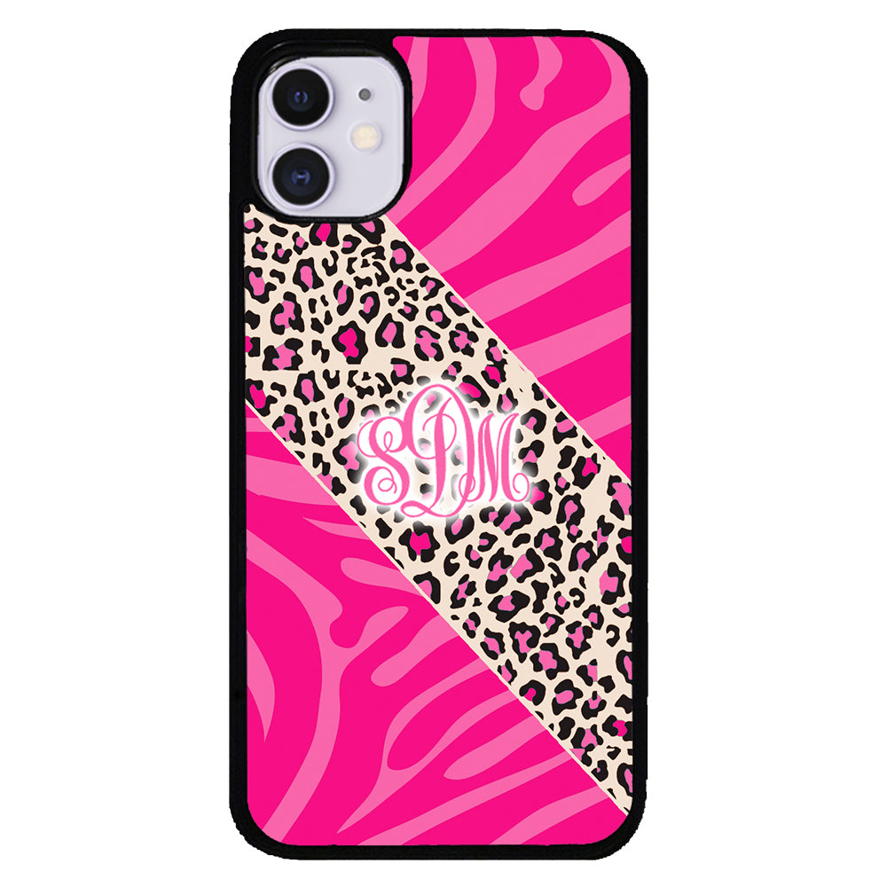 Pink Leopard and Zebra Animal Skin Monogram Apple iPhone Case