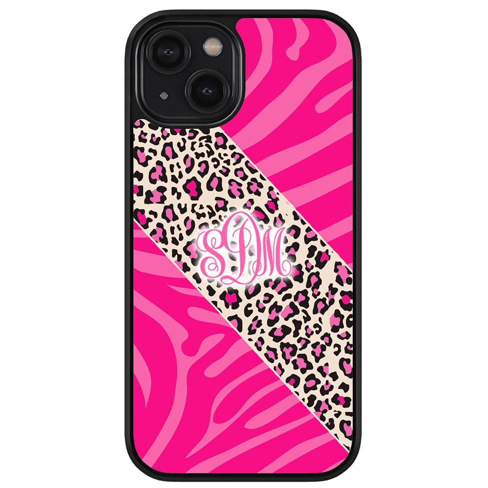 Pink Leopard and Zebra Animal Skin Monogram Apple iPhone Case