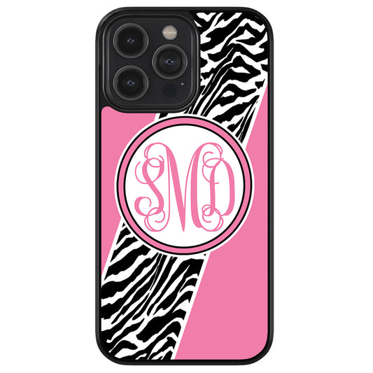 Zebra Animal Skin Pink Script Monogram Apple iPhone Case