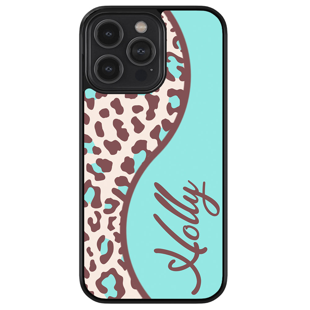 Teal and Brown Leopard Curvy Personalized | Apple iPhone Case