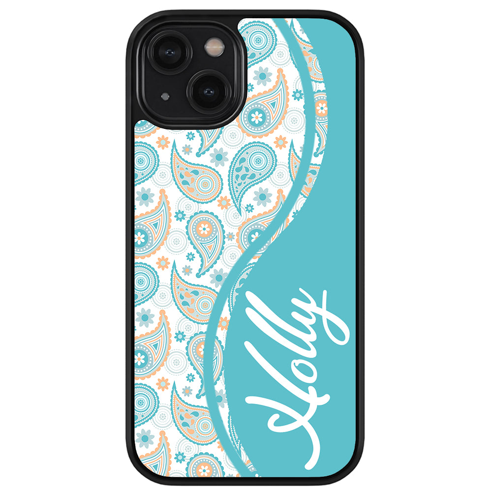 Teal Blue and Orange Paisley Personalized Apple iPhone Case